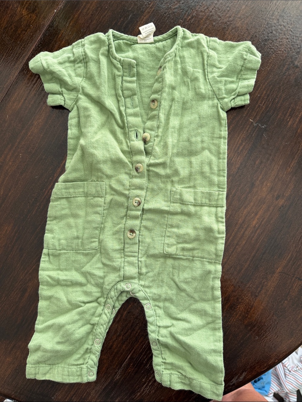 kate quinn Green Short-Sleeve Cotton Romper with Front Pockets